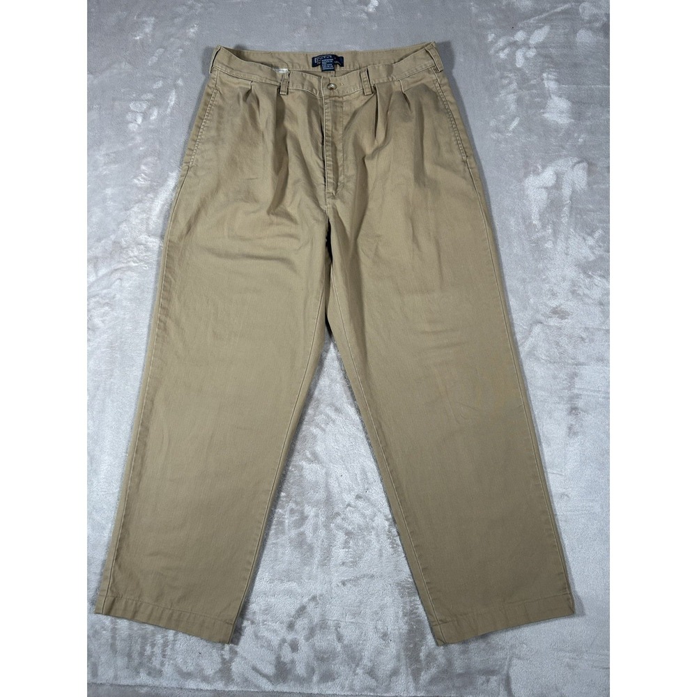 VTG 90s Polo Ralph Lauren Andrew Pant Men 35x30 Beige Classic Chino Pleated USA - Picture 2 of 16